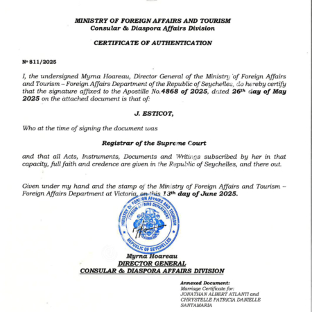 Certificate of Authentication Certificate Of Authentication from the Seychelles Ministry of Foreign Affairs