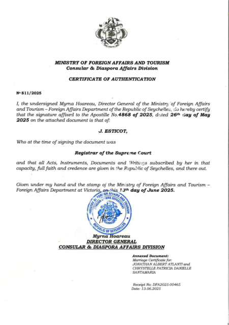 Certificate of Authentication Certificate Of Authentication from the Seychelles Ministry of Foreign Affairs