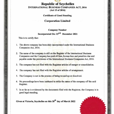 Certificate of Good Standing Certificate of Good Standing, original & official
